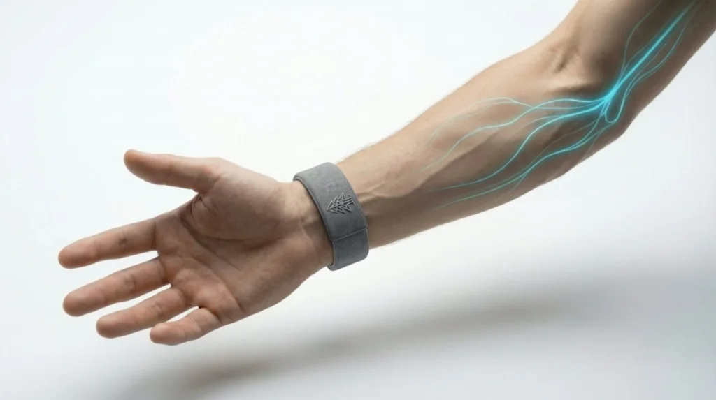 Original Hemlock animation of a Bracelet-wearing hand closing into a fist as cyan signals travel along the forearm