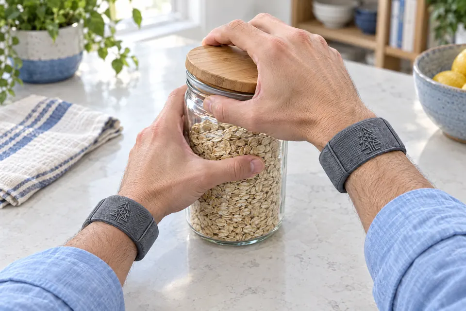 Generated illustration of Bracelet-wearing hands opening a glass storage jar at home
