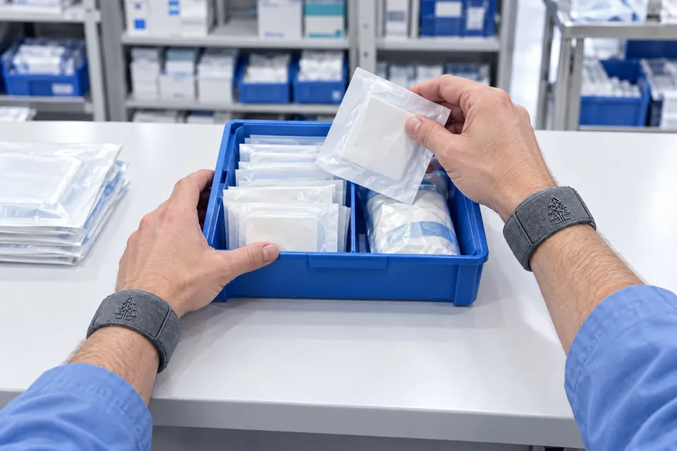 Generated illustration of a worker wearing Hemlock Bracelets while preparing a hospital supply tray