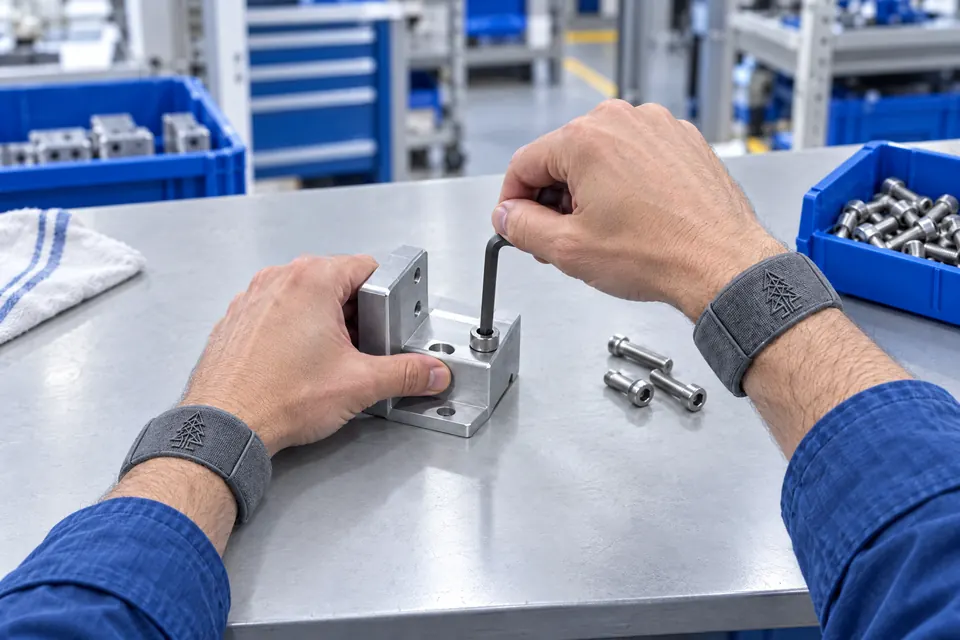 Generated illustration of Bracelet-wearing hands using a hex driver to assemble an industrial bracket