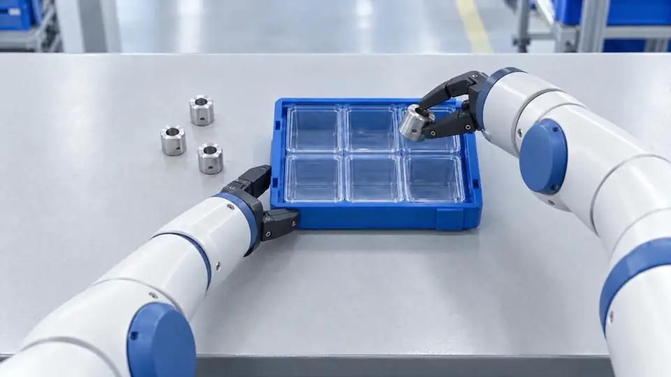 Generated visualization of a robot sorting industrial parts into the same compartmented tray as the worker, with a frozen contact-force analysis during the grip