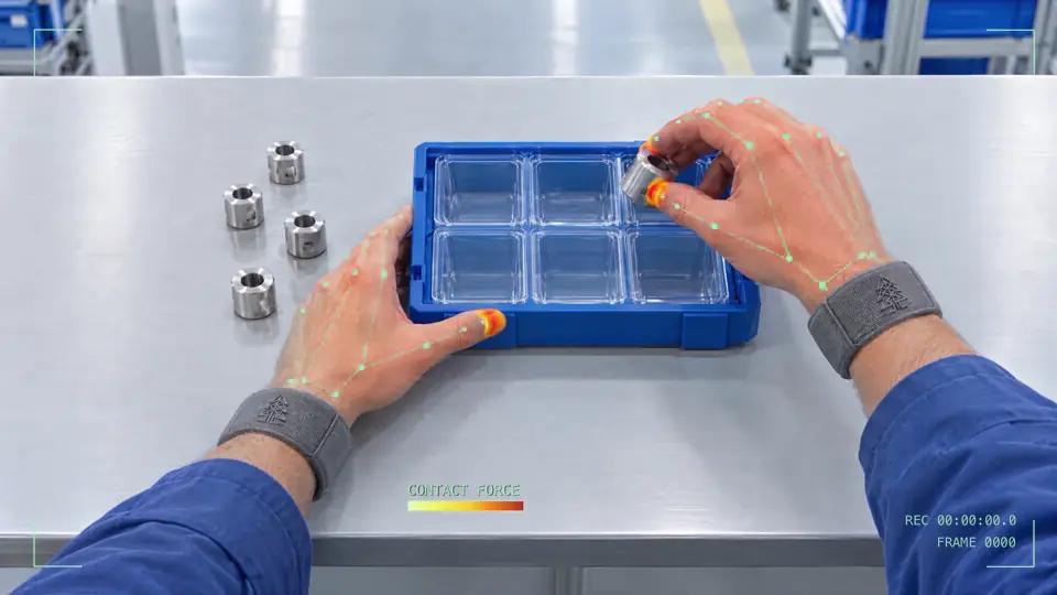 Generated first-person visualization of a worker wearing broad Hemlock Bracelets while sorting industrial parts, with finger-skeleton and contact-force overlays