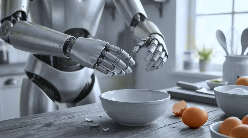 Visualization of robot hands manipulating and cracking an egg