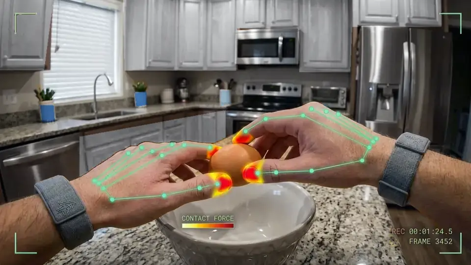 Visualization of Bracelet-wearing hands manipulating an egg, with force annotations